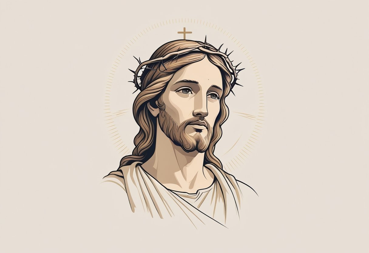 Tatuagem Jesus Cristo Pequena: Modelos Delicados e Significativos Para Sua Fé Ilustração de uma pequena tatuagem de Jesus Cristo mostrando seu rosto com expressão compassiva, uma coroa de espinhos e um halo suave ao redor da cabeça.