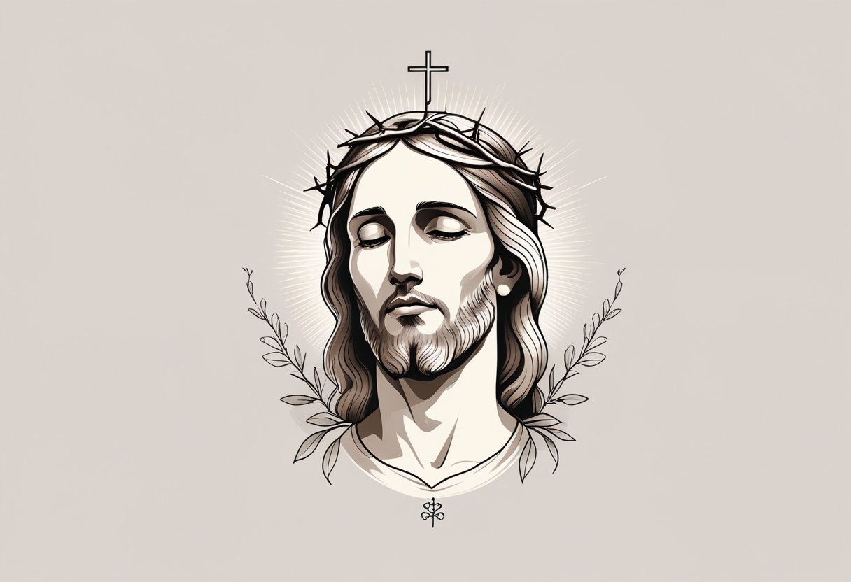 Tatuagem Jesus Cristo Pequena: Modelos Delicados e Significativos Para Sua Fé Ilustração detalhada de uma pequena tatuagem mostrando o rosto sereno e compassivo de Jesus Cristo com elementos simbólicos ao redor.