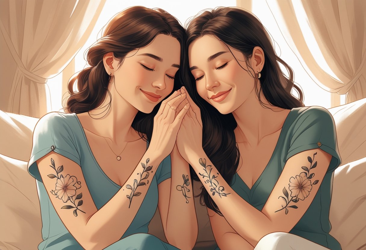 Mãe e Filha Tatuagem: Ideias Significativas Para Eternizar o Vínculo Familiar Mãe e filha sentadas juntas, mostrando tatuagens combinando nos antebraços que simbolizam seu vínculo afetivo.