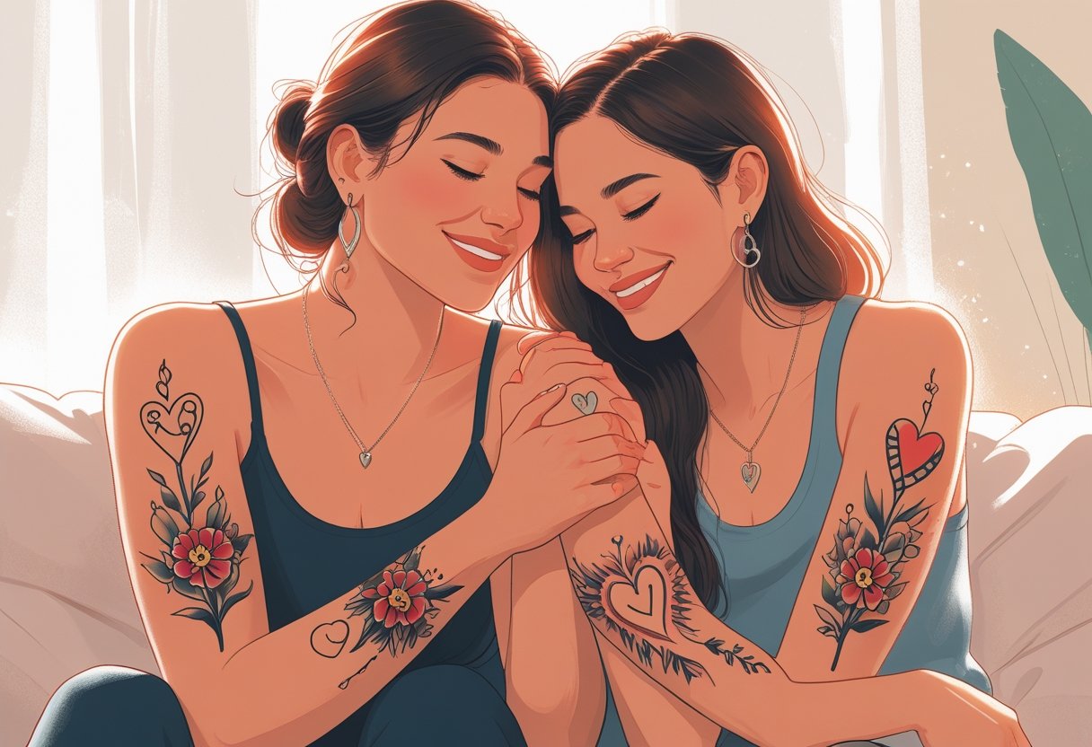 Mãe e Filha Tatuagem: Ideias Significativas Para Eternizar o Vínculo Familiar Mãe e filha juntas mostrando tatuagens combinando em seus braços, expressando carinho e conexão.