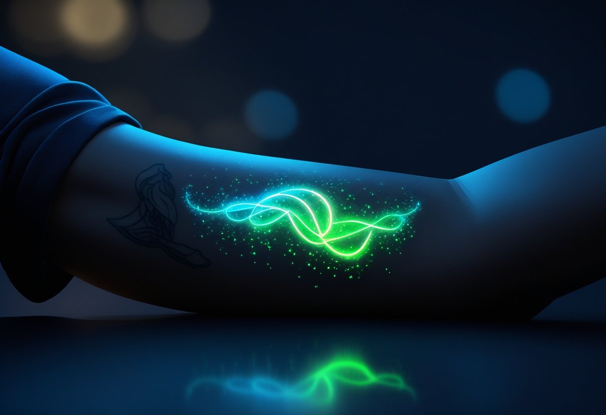 Tatuagem Que Brilha No Escuro: Guia Completo Sobre Técnicas e Cuidados Braço de uma pessoa com uma tatuagem que brilha no escuro, iluminando suavemente a pele em um ambiente escuro.