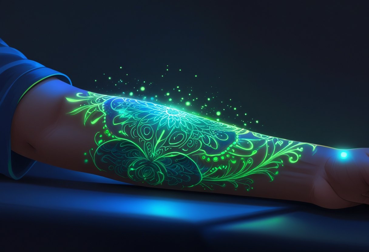 Tatuagem Que Brilha No Escuro: Guia Completo Sobre Técnicas e Cuidados Braço com tatuagem que brilha em azul e verde no escuro, destacando o efeito luminoso da tinta UV.
