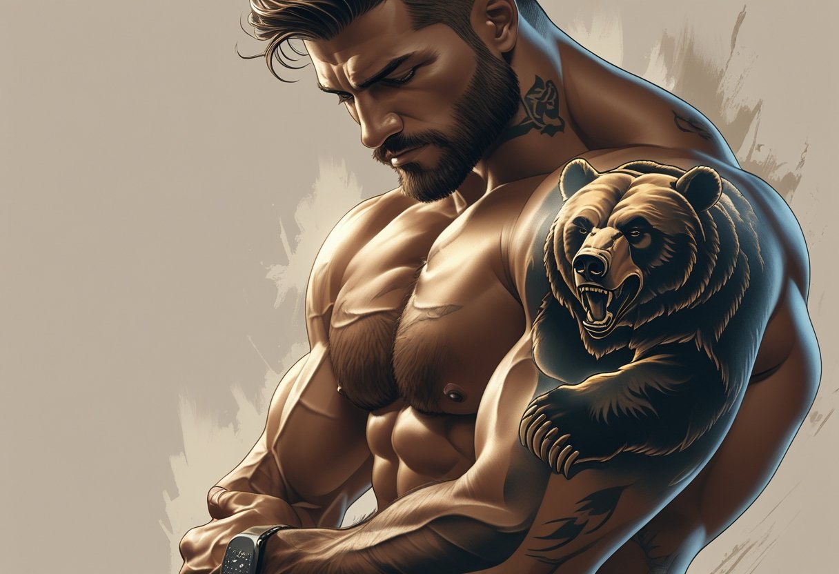 Tatuagem Urso Masculina: Significados e Estilos Populares Para Homens Um homem forte com uma tatuagem de urso detalhada no braço, simbolizando força e coragem.