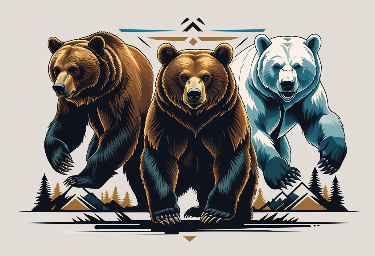 Tatuagem Urso Masculina: Significados e Estilos Populares Para Homens Ilustração mostrando diferentes tipos de ursos usados em tatuagens masculinas, com ursos em poses fortes e elementos naturais ao fundo.