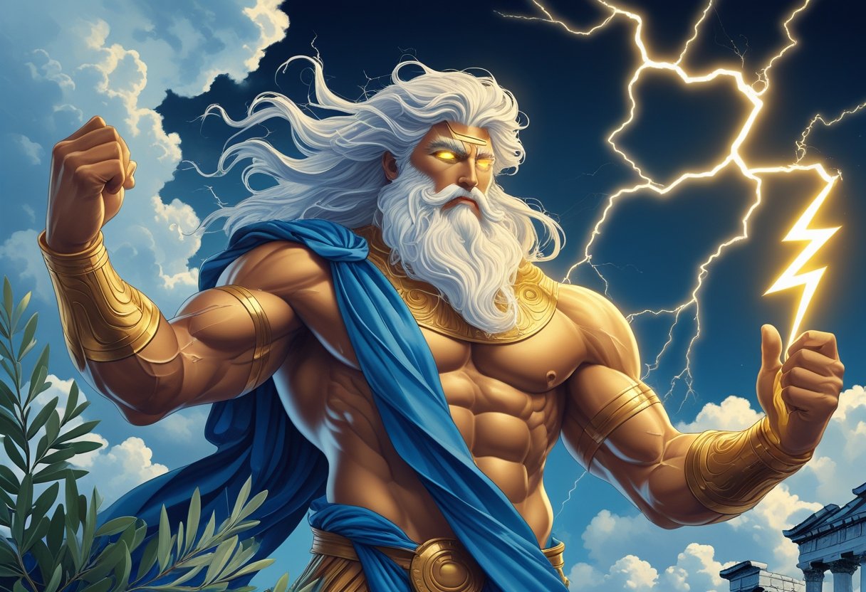 Tatuagem Zeus Significado: Simbolismo e Interpretações do Deus Grego na Arte Corporal Imagem de Zeus segurando um raio, com cabelo e barba brancos, rodeado por elementos da mitologia grega como ramos de oliveira e ruínas de templos.