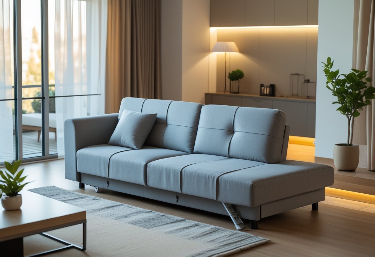 Obývacia izba s rozkladacím gaučom čiastočne rozloženým v svetlom a útulnom prostredí.