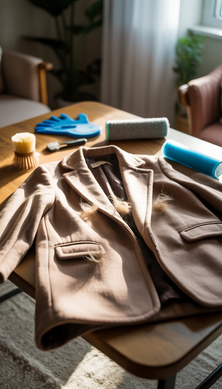A wool coat with pet hair on a wooden table surrounded by tools like a lint roller and fabric brush in a cozy home setting.