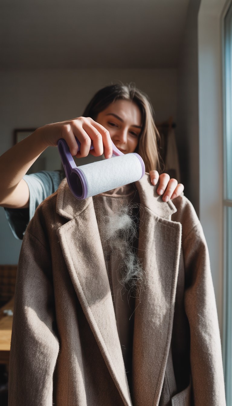A person rolling a lint roller over a wool coat to remove pet hair in a casual indoor setting.