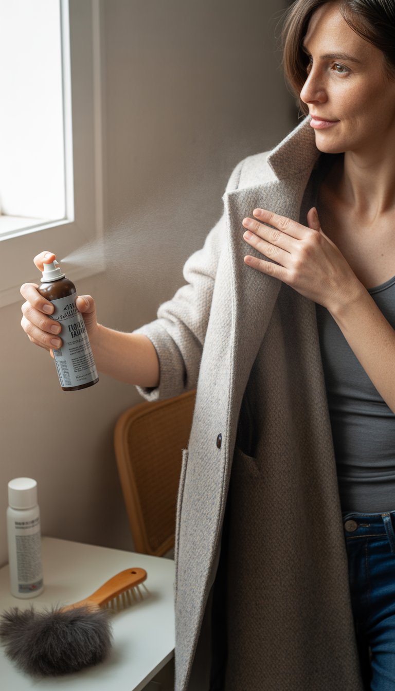 Person spraying a wool coat with static-release spray indoors near a window.