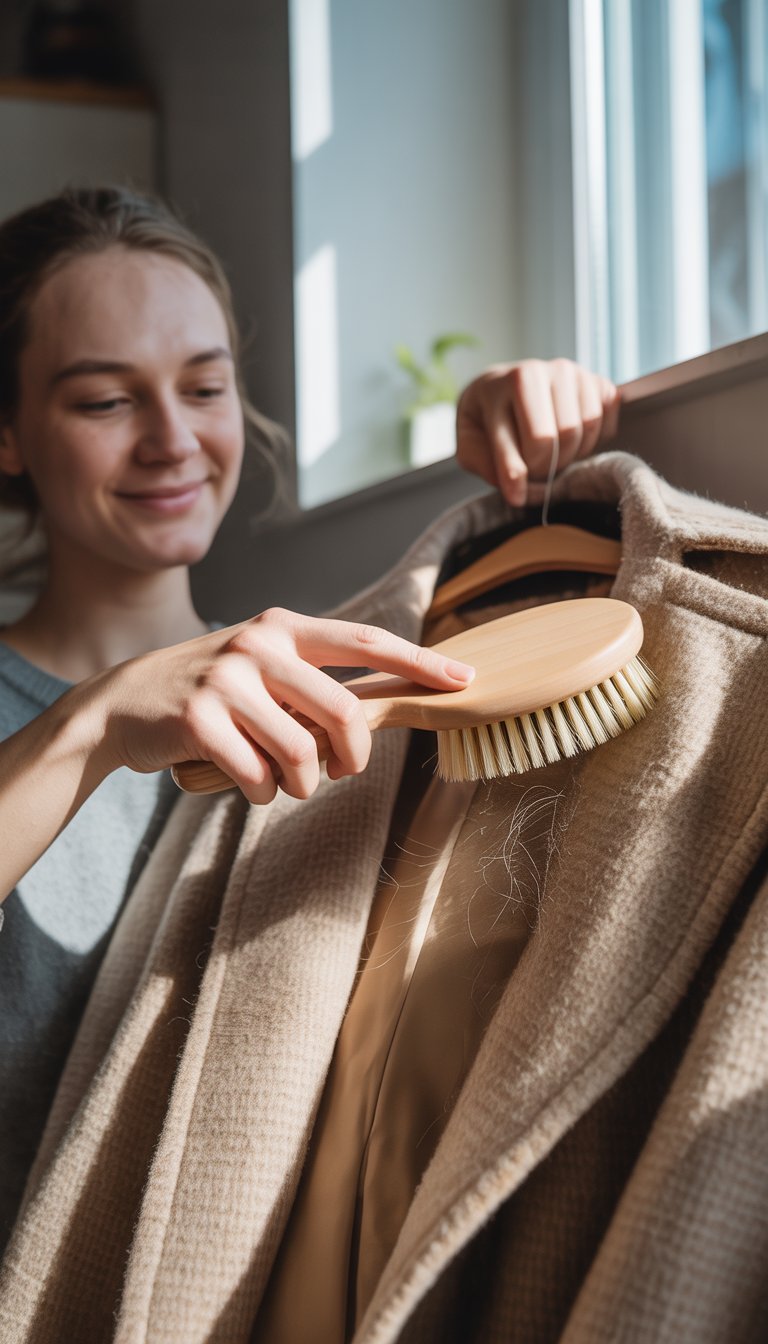 A person brushing a wool coat with a soft-bristle garment brush indoors near a window.
