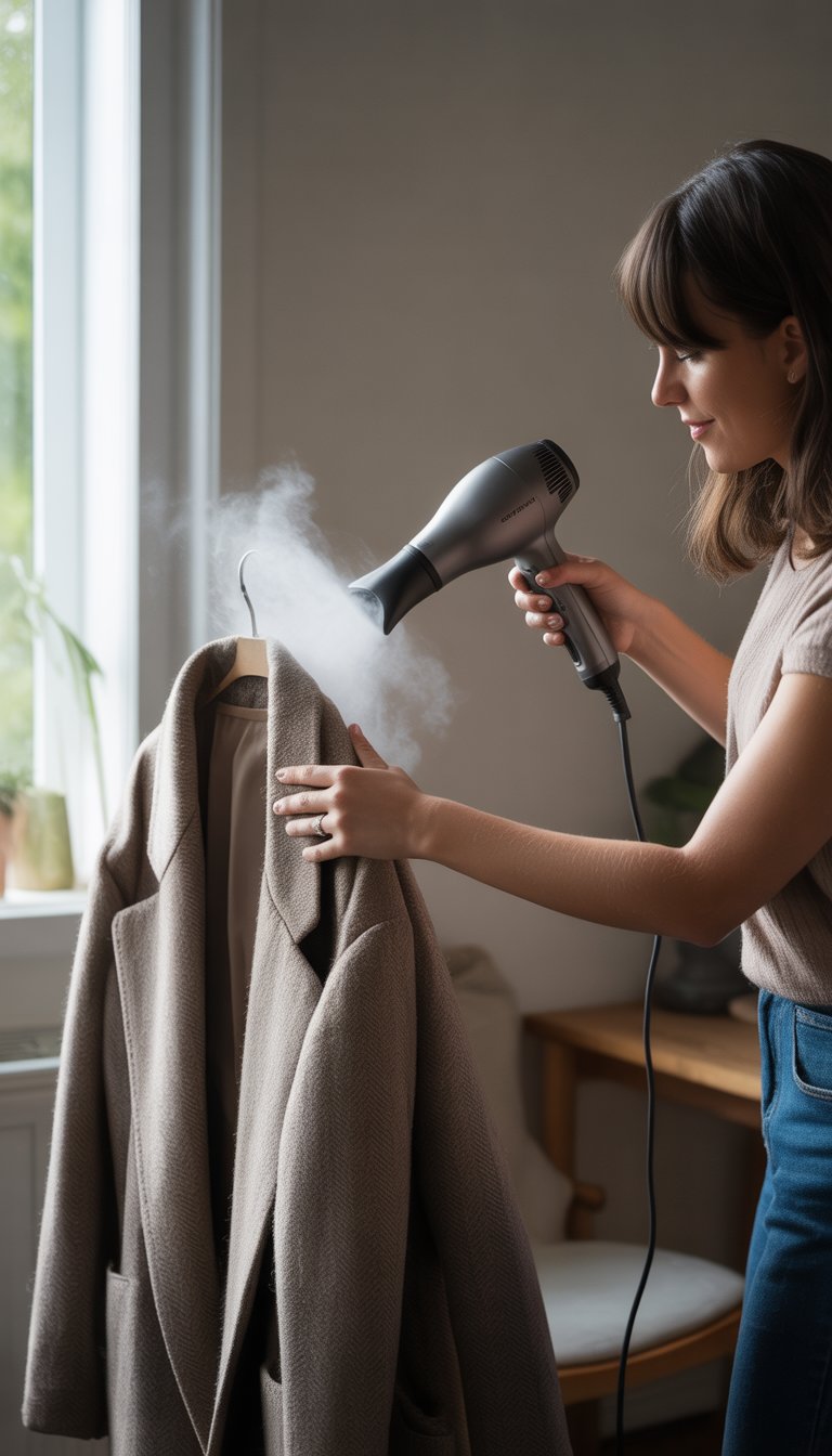 A person blow drying a wool coat indoors to remove pet hair.