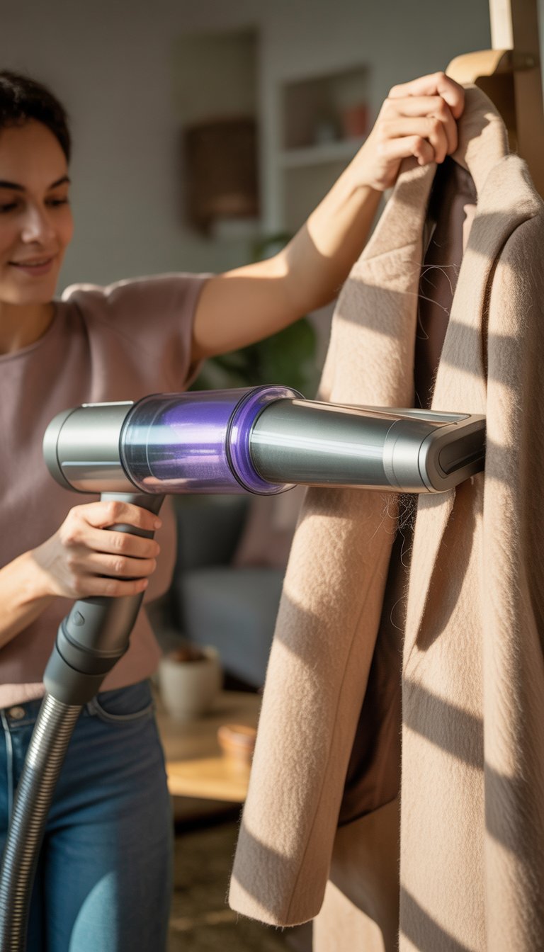 A person using a handheld vacuum attachment to remove pet hair from a wool coat indoors.