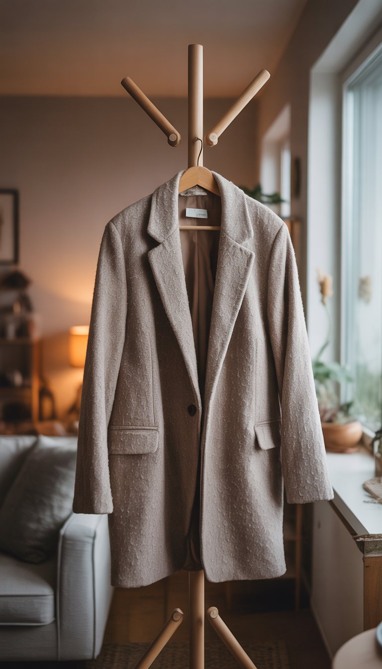 A wool coat hanging on a wooden rack near a window in a cozy living room.