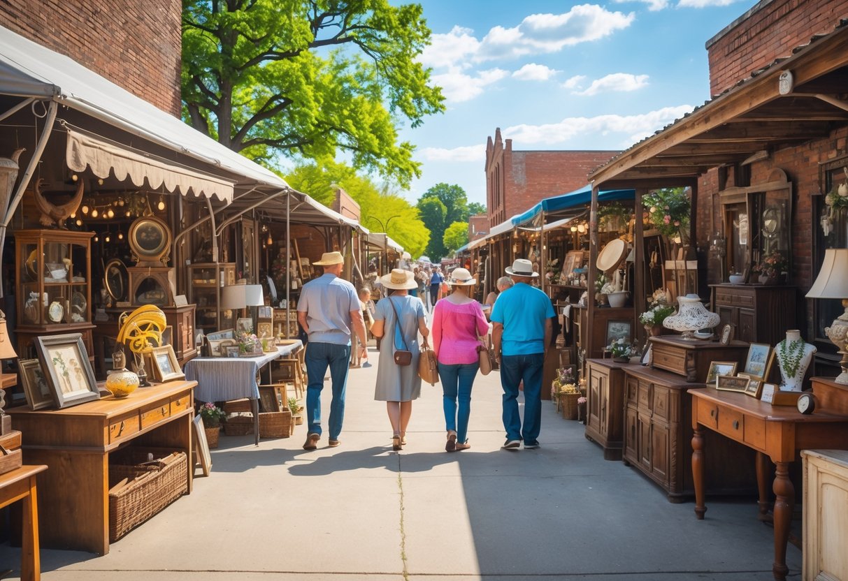 People browsing vintage and antique items at an outdoor market with historic buildings and trees in the background.