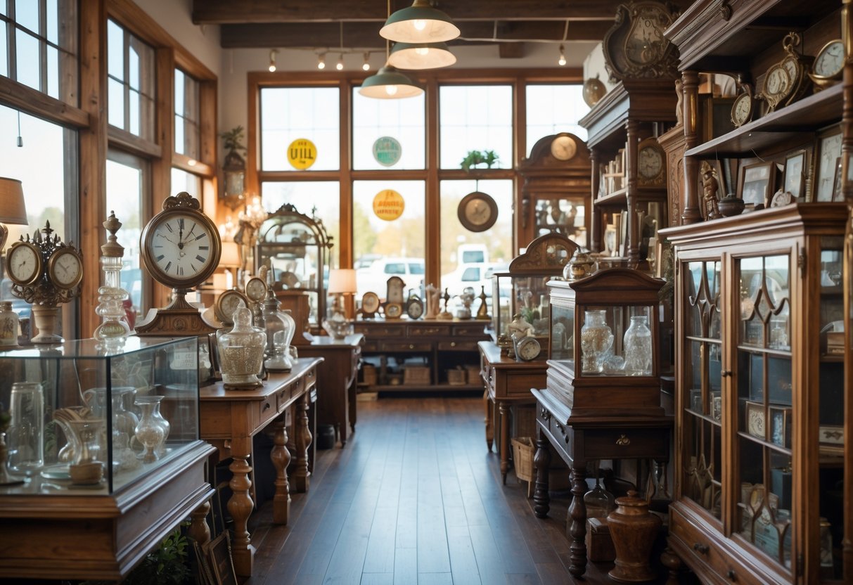 Interior of an antique shop with wooden shelves filled with vintage clocks, glassware, books, and decorative items illuminated by natural light.
