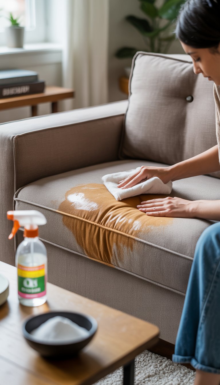 Person cleaning a stained Lovesac sofa cushion with a cloth and cleaning supplies on a coffee table in a living room.