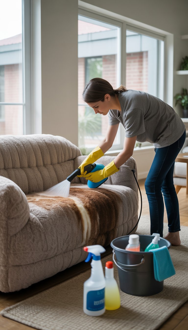 Person cleaning a large sofa with a handheld upholstery cleaner in a bright living room, with cleaning supplies nearby.