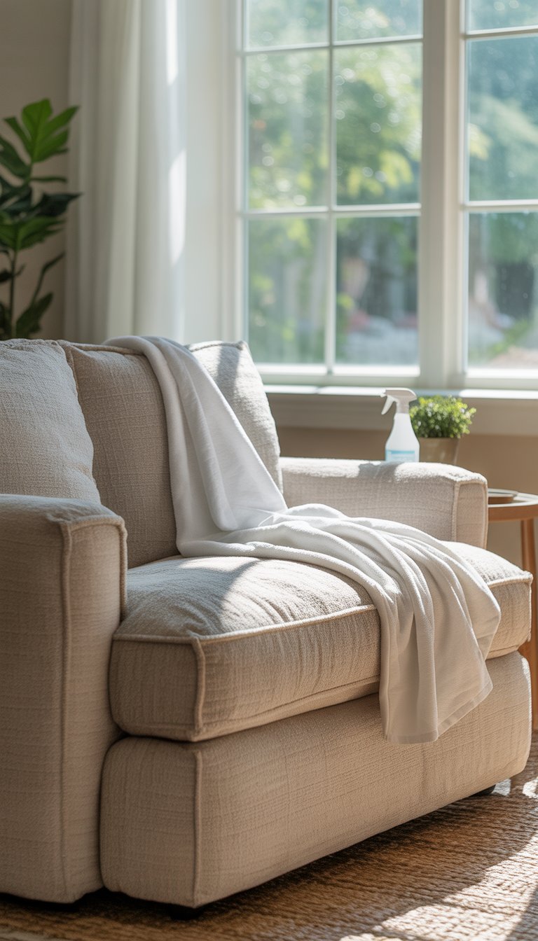 A clean Lovesac sofa drying near a sunny window in a bright living room with a towel on it and a spray bottle on a side table.