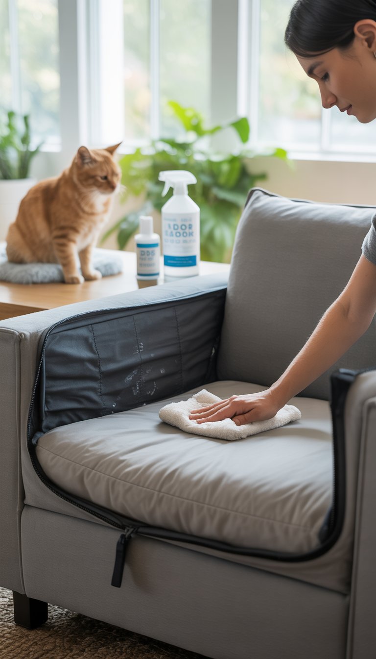 Person cleaning a wet spot on a Lovesac sofa with cleaning supplies nearby and a cat sitting on a pet bed in a bright living room.