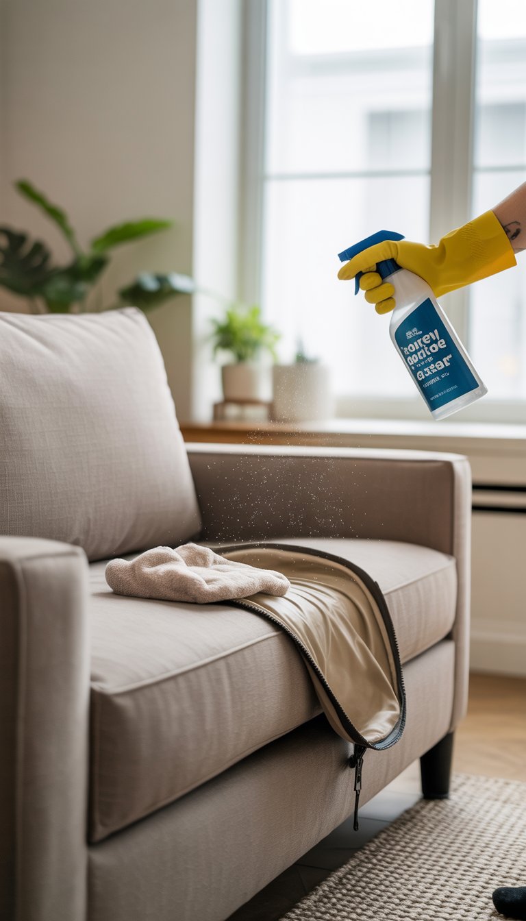 Person cleaning a Lovesac sofa with gloves and a spray bottle in a bright living room.