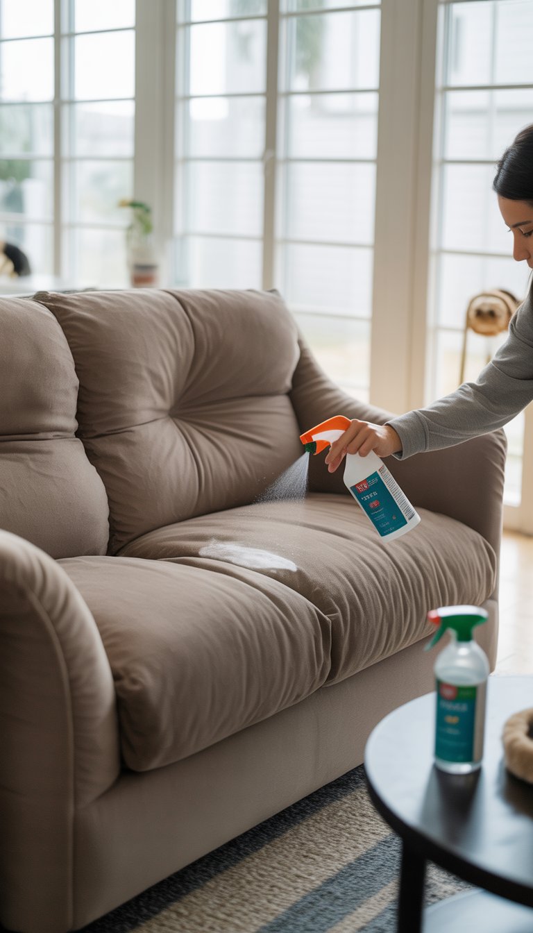 Person cleaning a stain on a large plush sofa in a bright living room with pet accessories nearby.