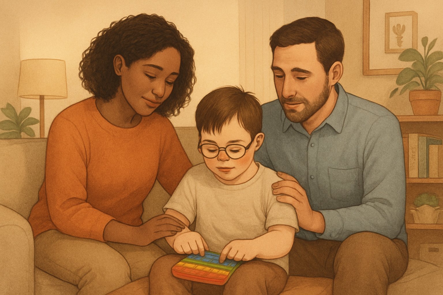 Özel gereksinimli çocuğu olan bir aile, evlerinde birlikte oturuyor, çocukla ilgileniyor ve destek oluyor.