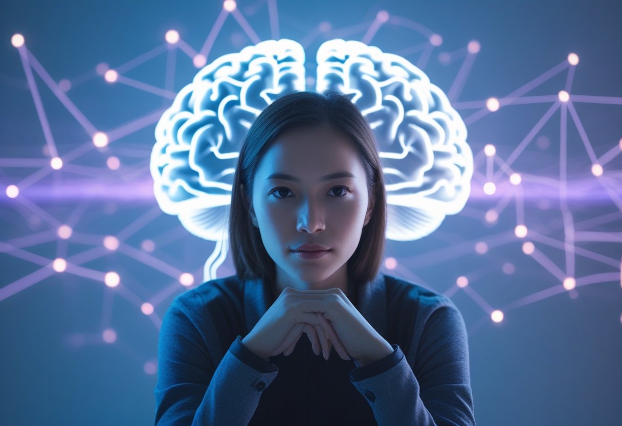 Pessoa pensativa com expressão calma, cercada por elementos abstratos que representam atividade cerebral e pensamentos ocultos.