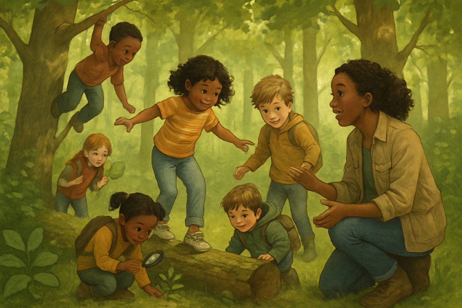 Ormanda öğretmen eşliğinde çeşitli çocukların doğayı keşfederken, ağaçlara tırmanıp, kütüklerin üzerinde dengede durduğu ve bitkileri incelediği bir sahne.