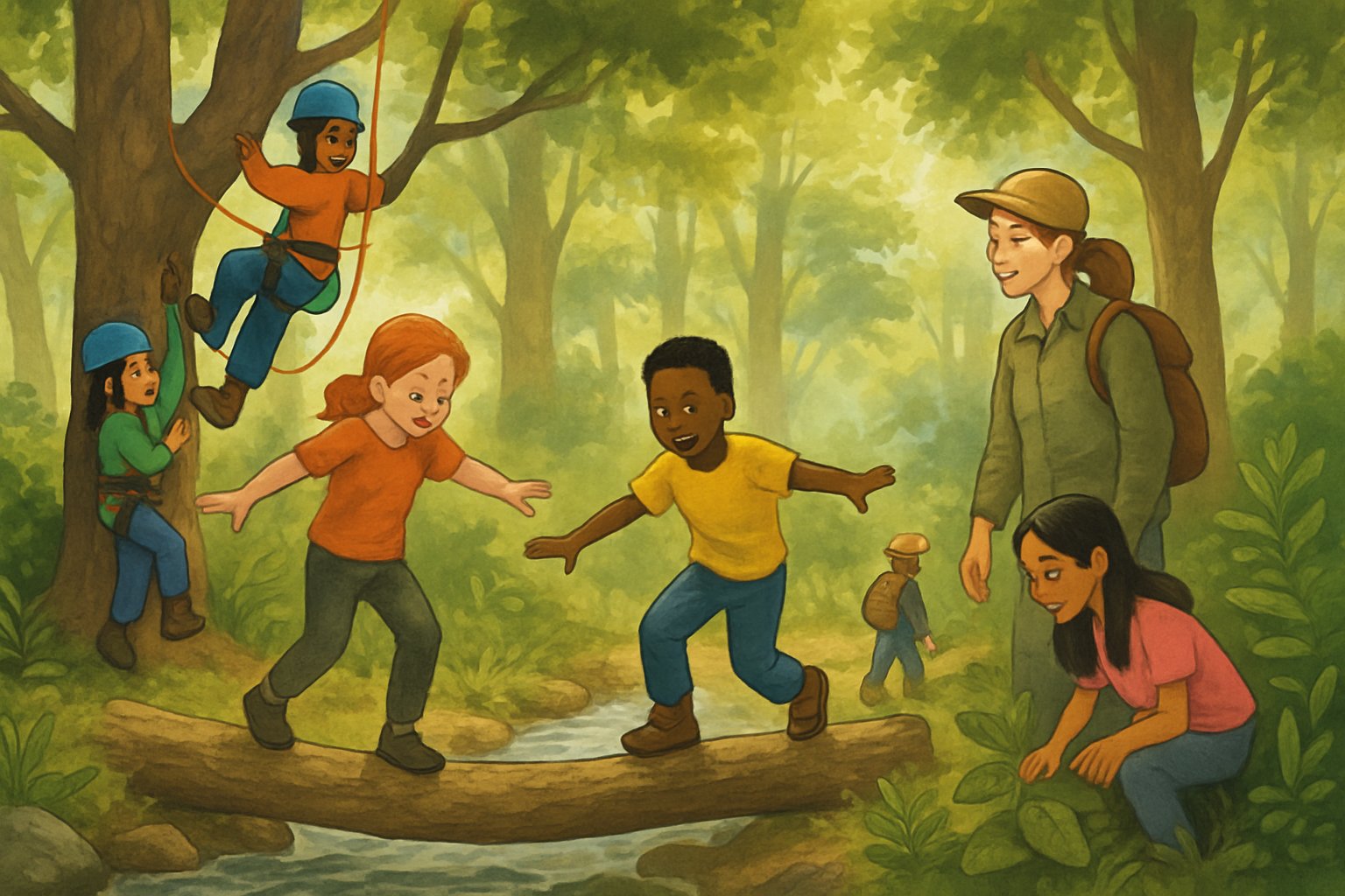 Ormanda çeşitli etkinliklerle öğrenen çocuklar ve onları destekleyen bir yetişkin, doğal bir ortamda risk alarak keşif yapıyor.