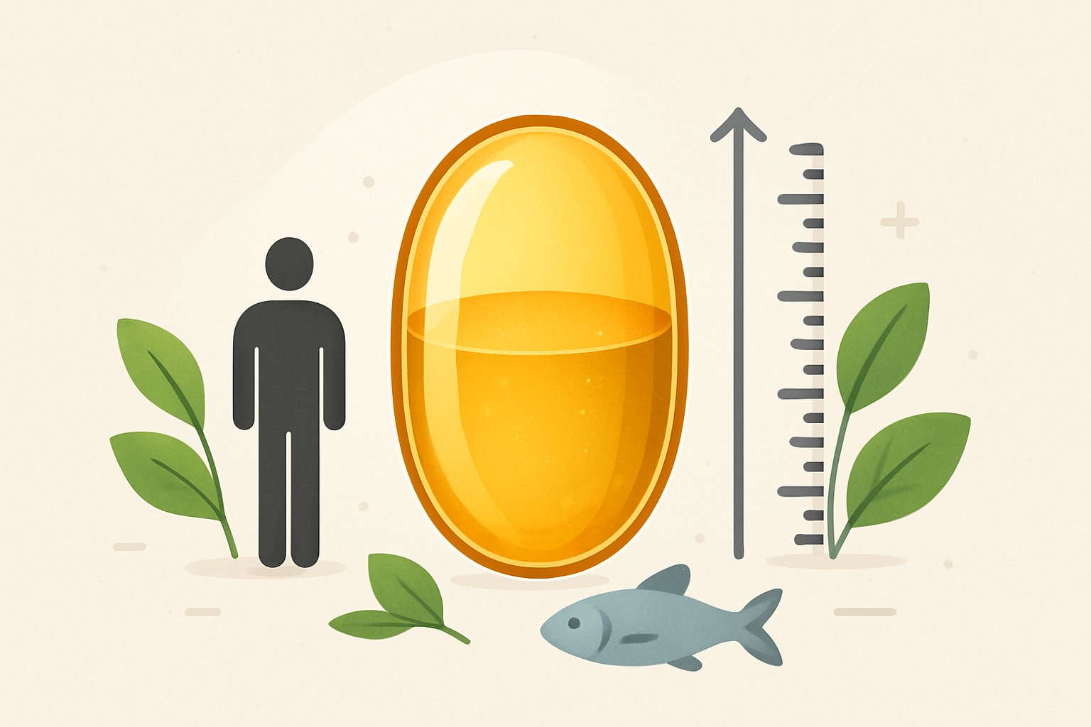 Bir balık yağı kapsülü ve yanında boy ölçüsü olan bir insan figürü, büyümeyi simgeleyen yapraklar ve küçük bir balık ile çevrili.