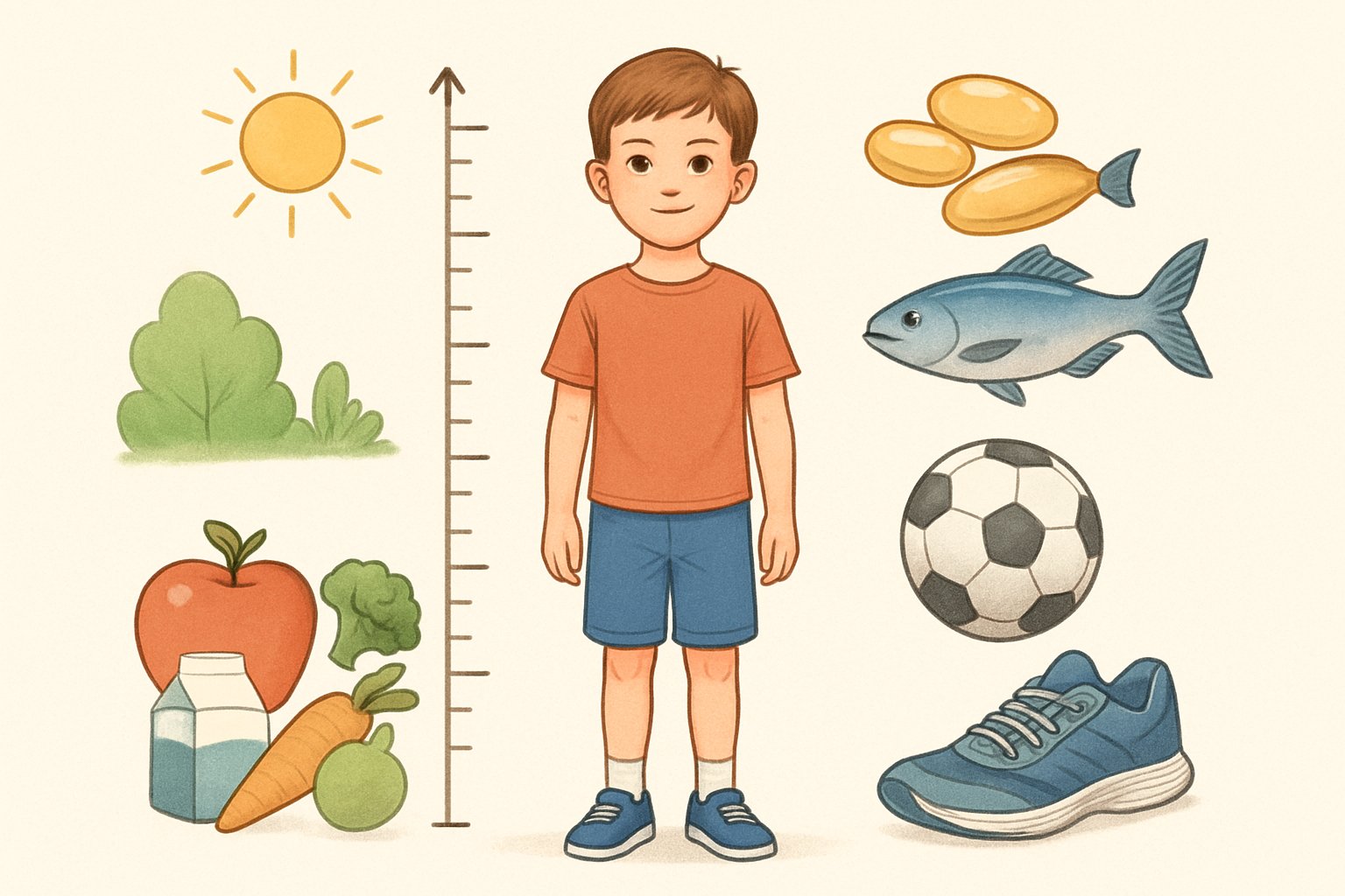 Bir çocuğun büyümesini simgeleyen, çevresinde balık yağı kapsülleri, büyüme grafiği ve sağlıklı besinler bulunan bir sahne.