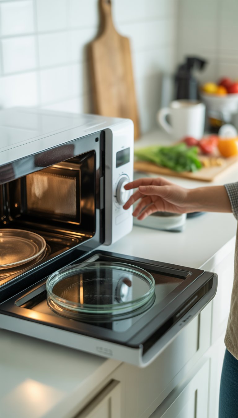 A modern microwave oven with its glass plate removed, a hand reaching to use the controls in a kitchen setting.