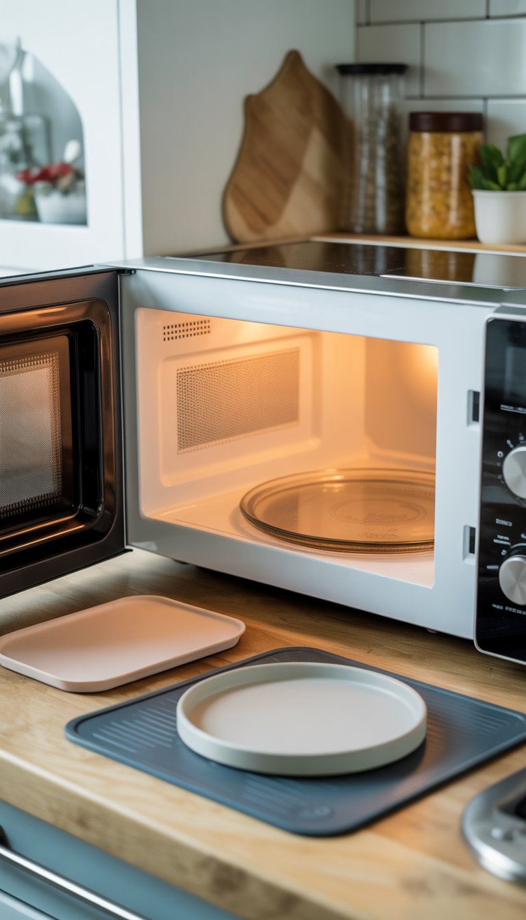 A microwave oven with its door open showing no glass plate inside, surrounded by microwave-safe plates and containers on a kitchen countertop.