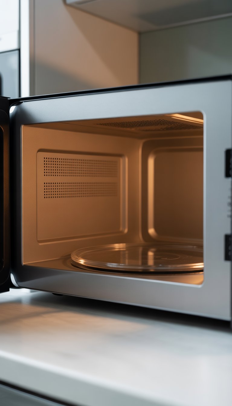 Open microwave oven interior without the glass plate, showing the rotating mechanism inside.