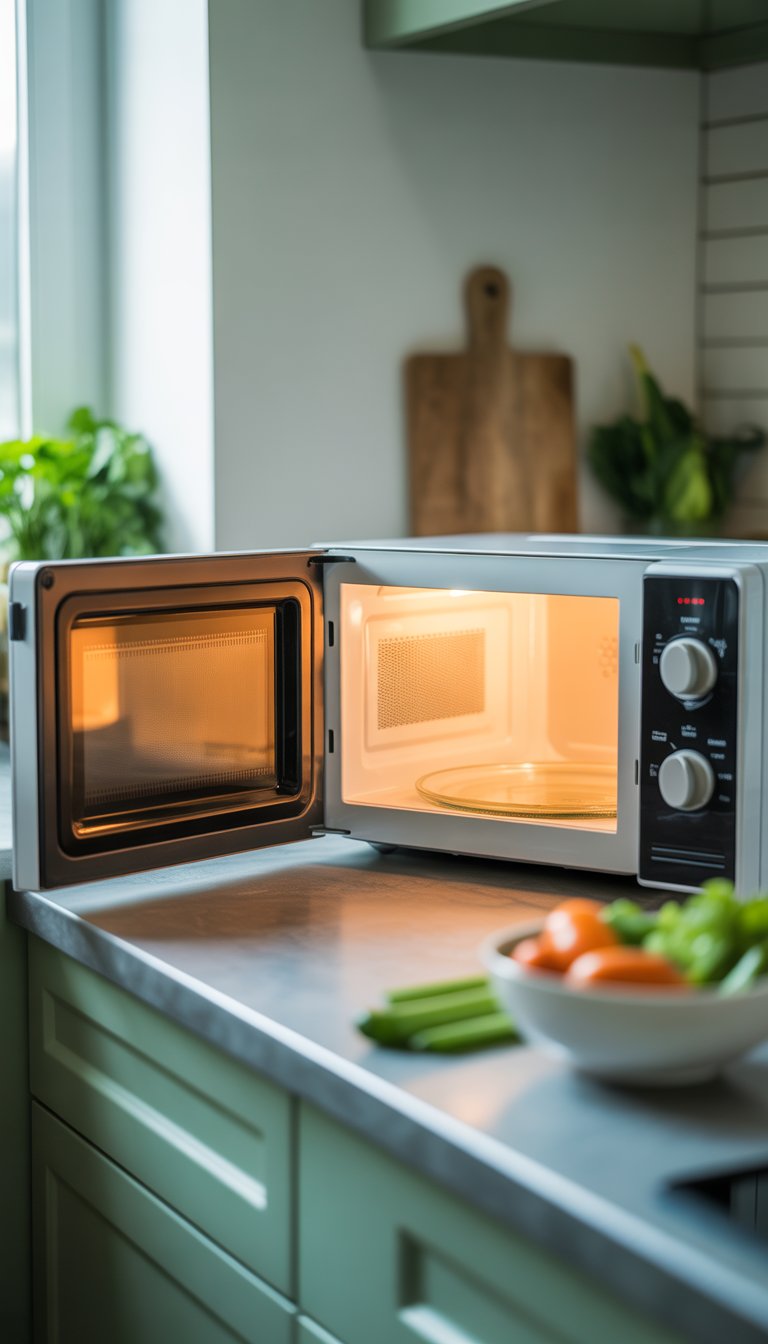 A microwave oven with its door open showing the interior without a glass plate on a kitchen countertop with fresh vegetables nearby.