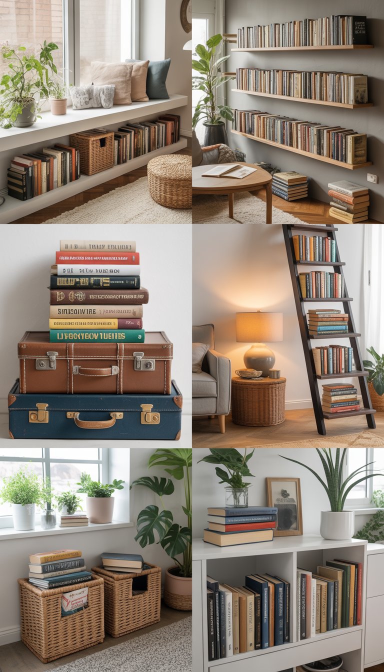 A living room displaying various creative ways to store books without a bookshelf, including baskets, suitcases, crates, jars, and shelves integrated into furniture.