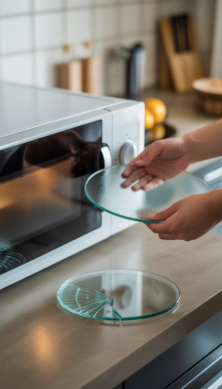 Hands holding a clean glass microwave plate next to a broken glass plate on a kitchen countertop with a microwave in the background.