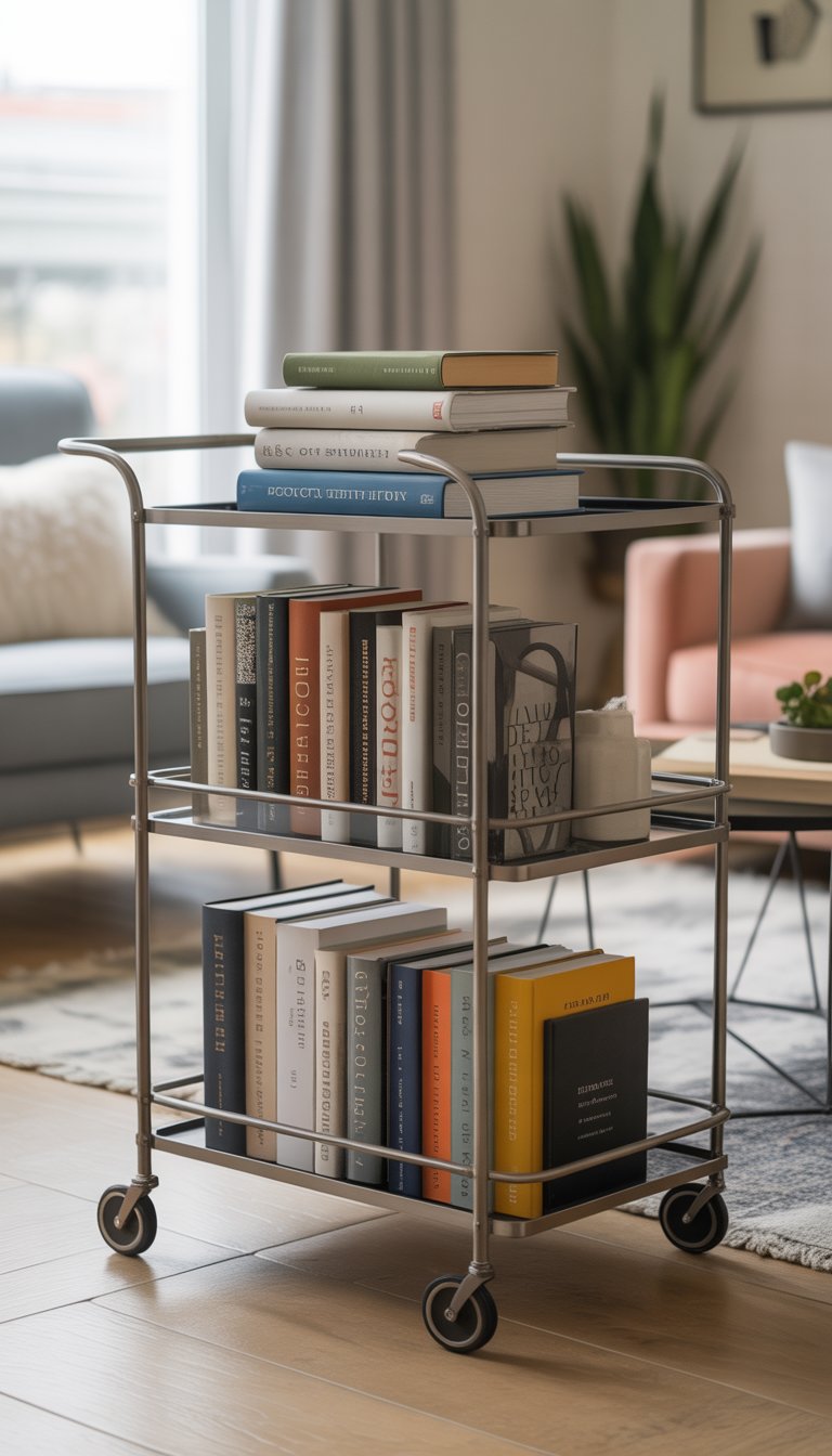 A stylish bar cart filled with stacked books in a bright living room.