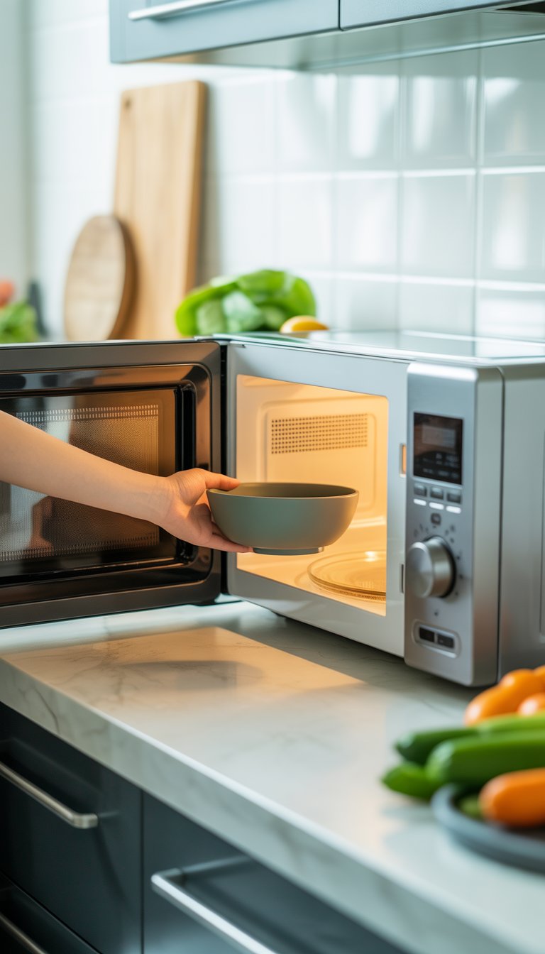 A modern kitchen with an open microwave oven without the glass plate inside and a hand placing a bowl into it.
