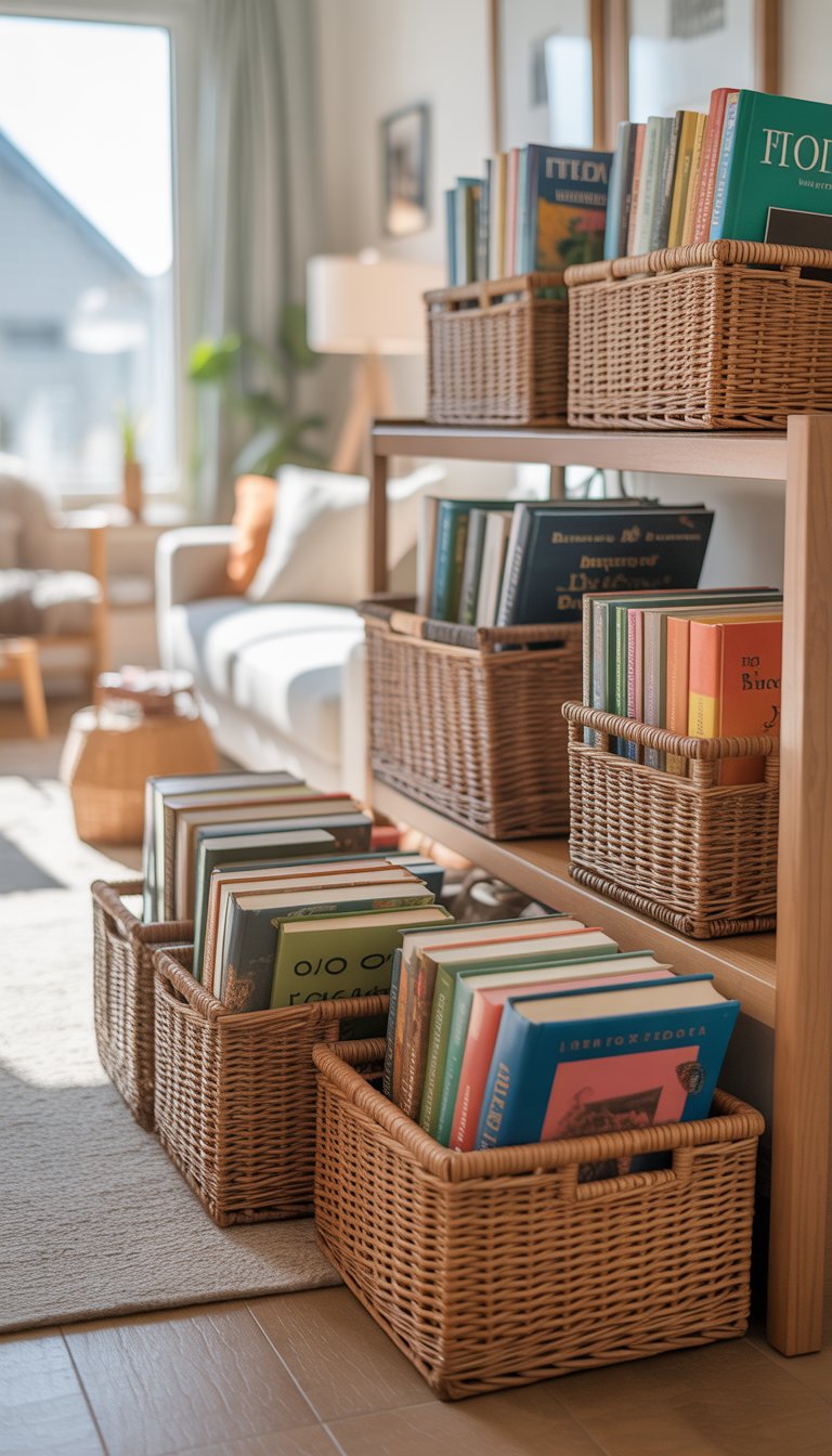 A living room with decorative baskets filled with books placed on the floor and shelves, surrounded by cozy furniture and plants.