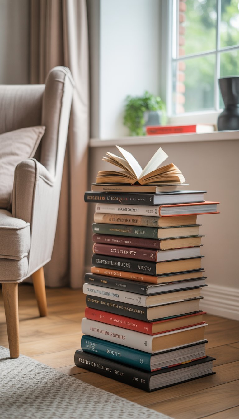 A cozy armchair next to stacks of books on the floor used as side tables with a small plant and cup on top.