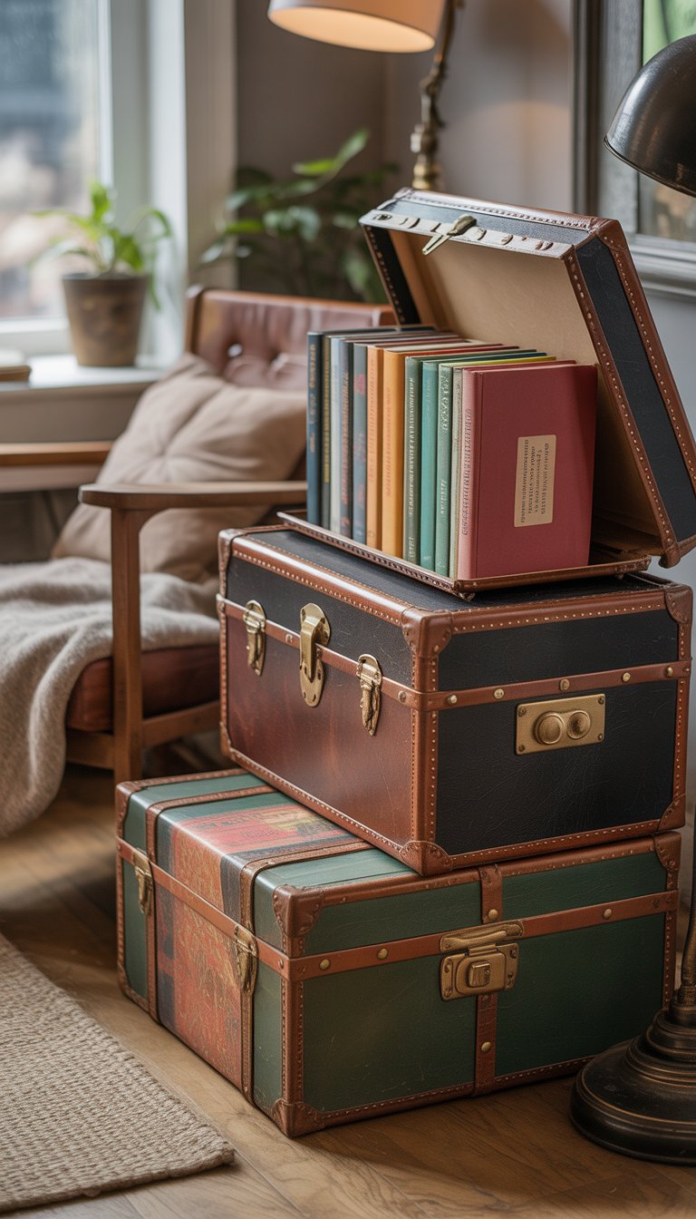 A cozy corner with vintage trunks used to store and display books, next to a reading chair and a window letting in natural light.