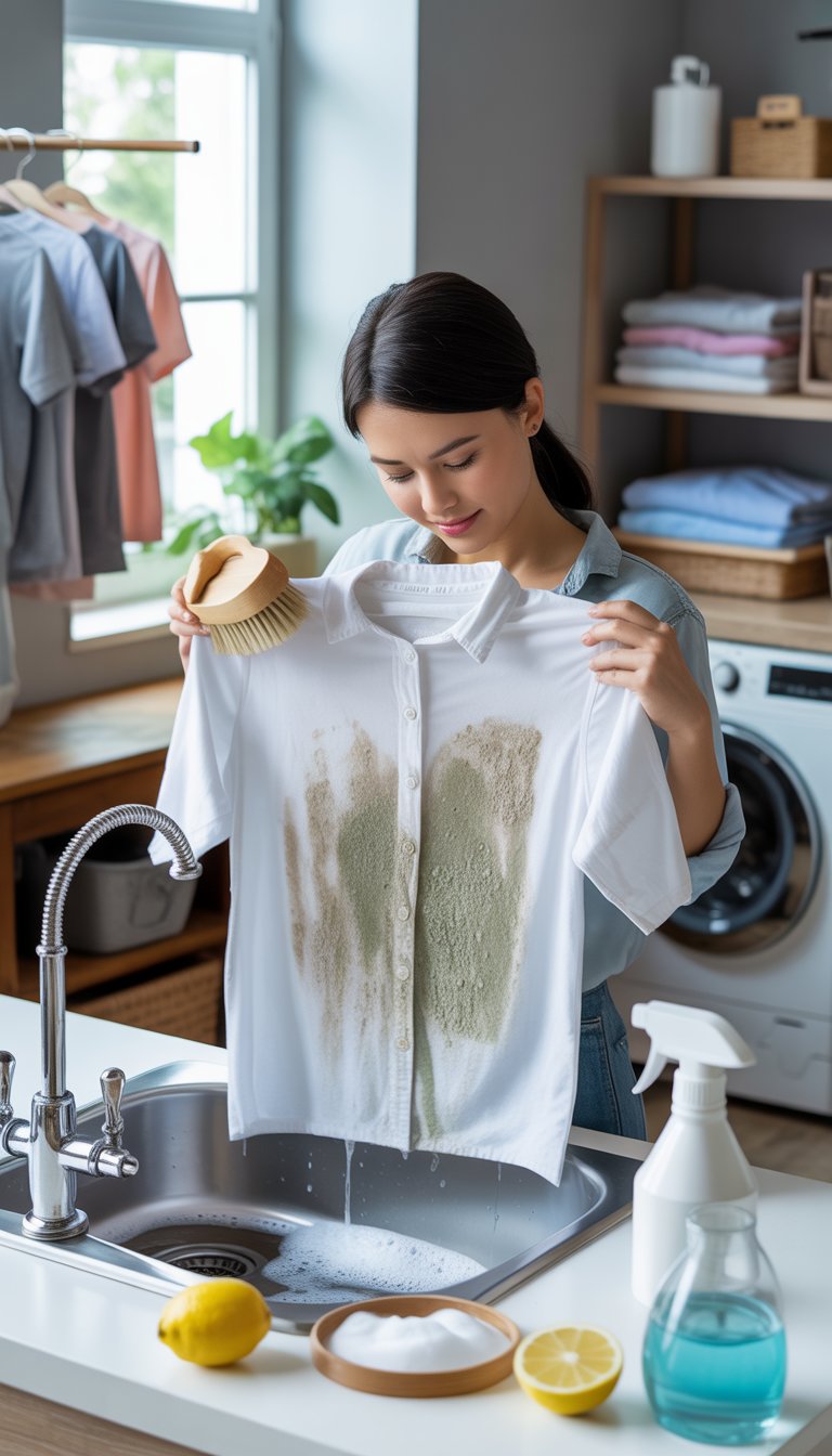 Person scrubbing moldy clothes in a bright laundry room with natural cleaning supplies nearby.