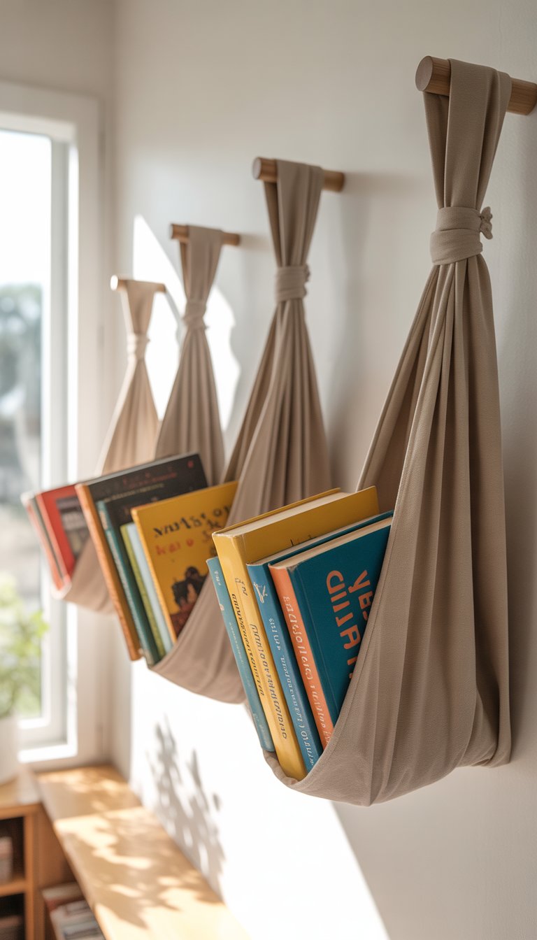 Cloth slings hanging on a wall holding colorful books as creative book storage.