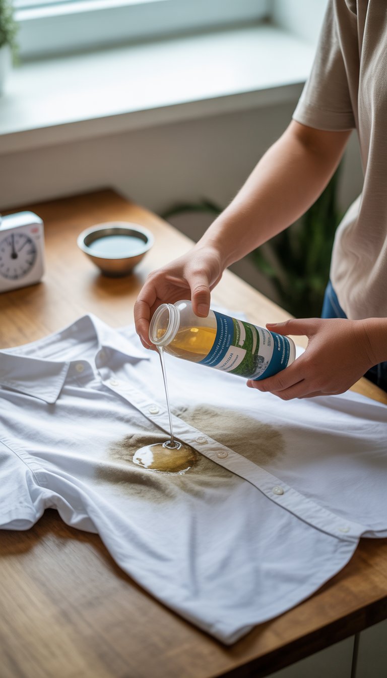 Hands applying stain remover onto a mold-stained white shirt laid on a wooden table indoors.