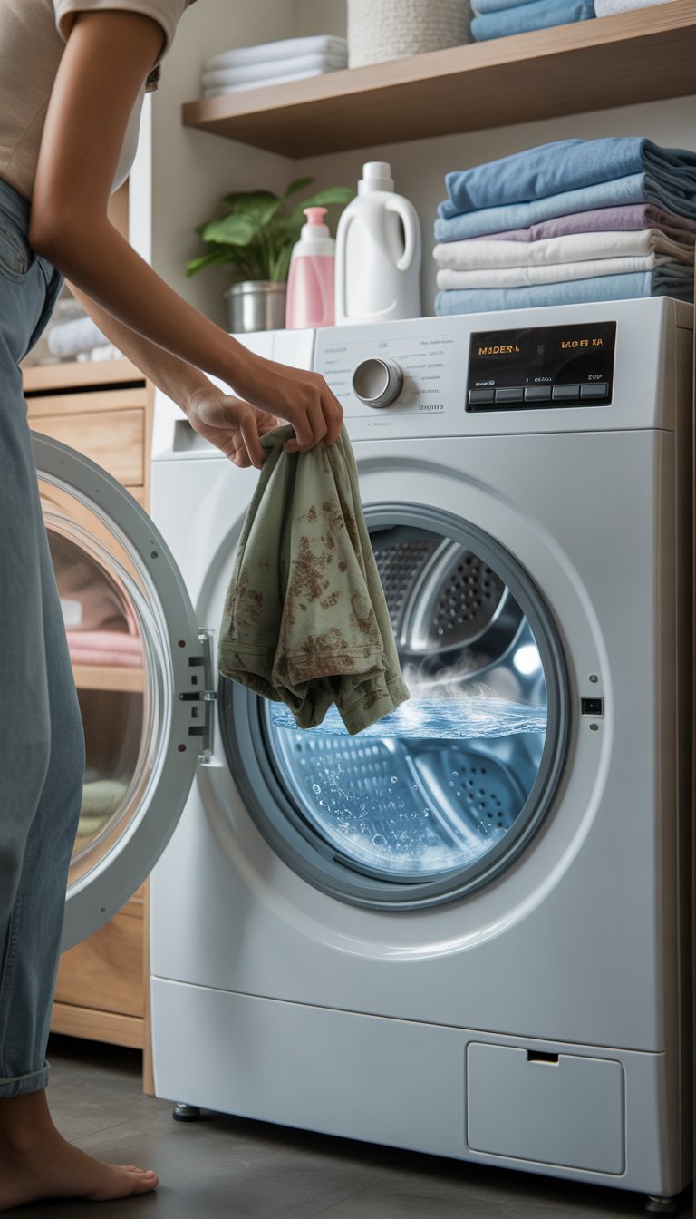 A person sorting moldy clothes and placing them into a washing machine filled with hot water in a bright laundry room.