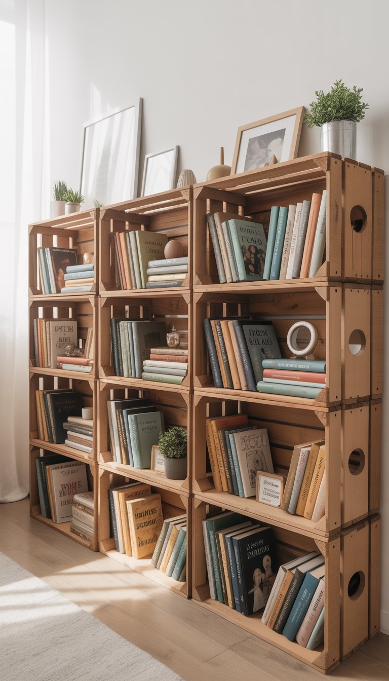 Wooden crates turned on their sides and stacked to create modular book cubbies filled with books and small decorative items in a bright room.