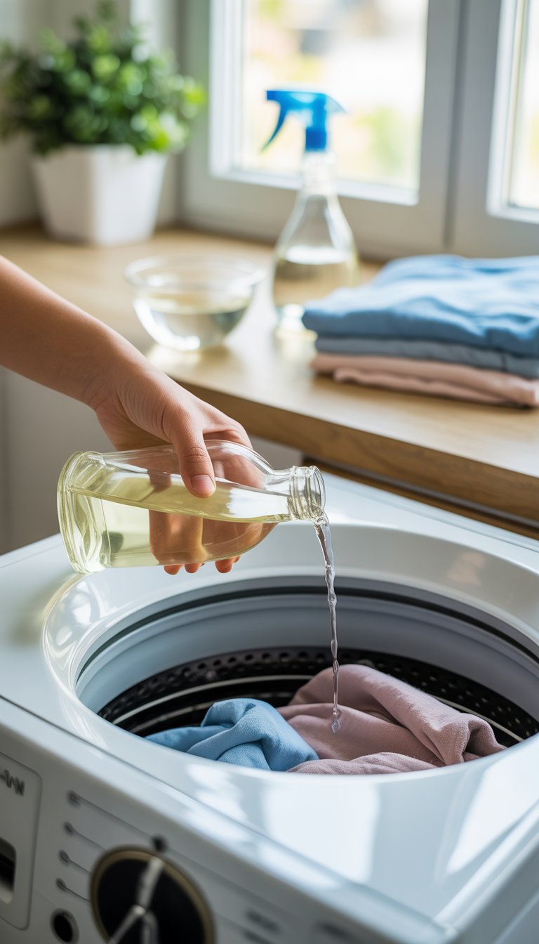 Person pouring white vinegar into a washing machine in a bright laundry room with clothes nearby.