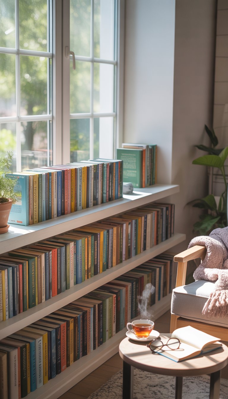 A cozy reading nook with books neatly lined along wide windowsills next to a comfortable armchair and a small side table with a cup of tea.