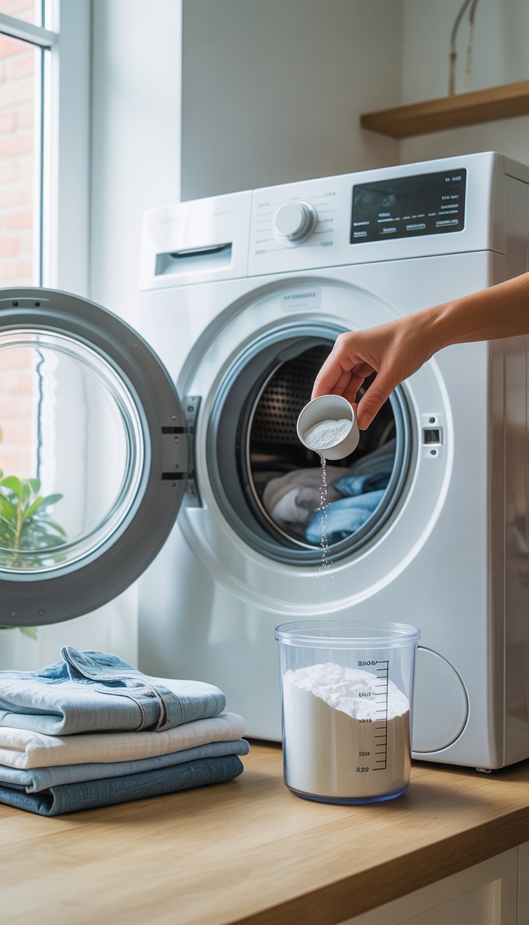 A person pouring baking soda into a washing machine with clothes inside in a bright laundry room.